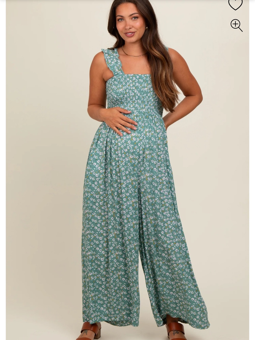 Maternity Smocked Green Floral Wide-Leg Jumpsuit